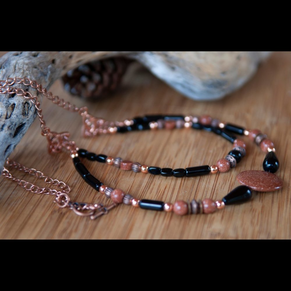 NEW Handmade- Necklace of Goldstone, Copper Tone Metal and Black Glass Beads - Picture 3 of 8